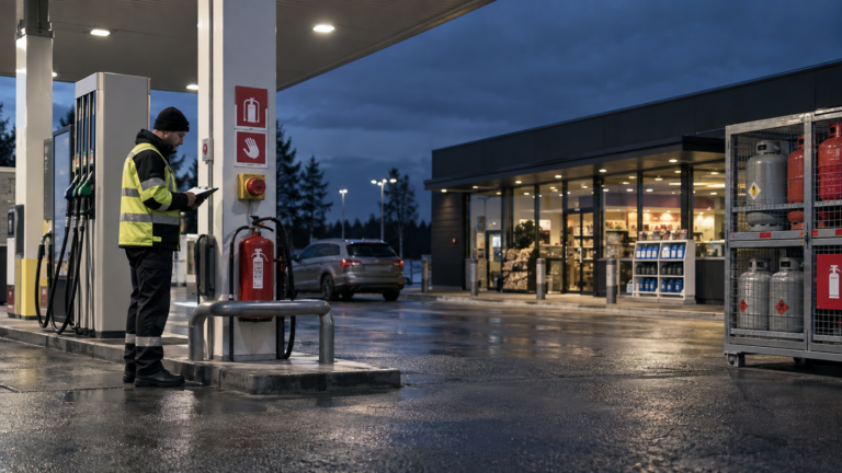 Tanklate tuleohutus – spetsialist kontrollib tanklas tulekustutit ja ohutuslahendusi